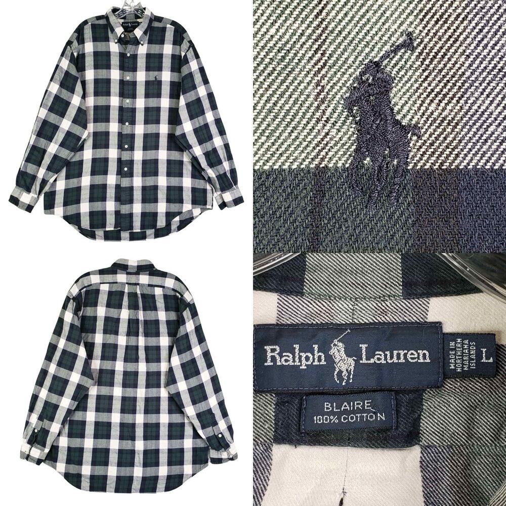 Polo Ralph Lauren Shirt flannel Mens‎ Size Large Blue Green Plaid Button Down LS